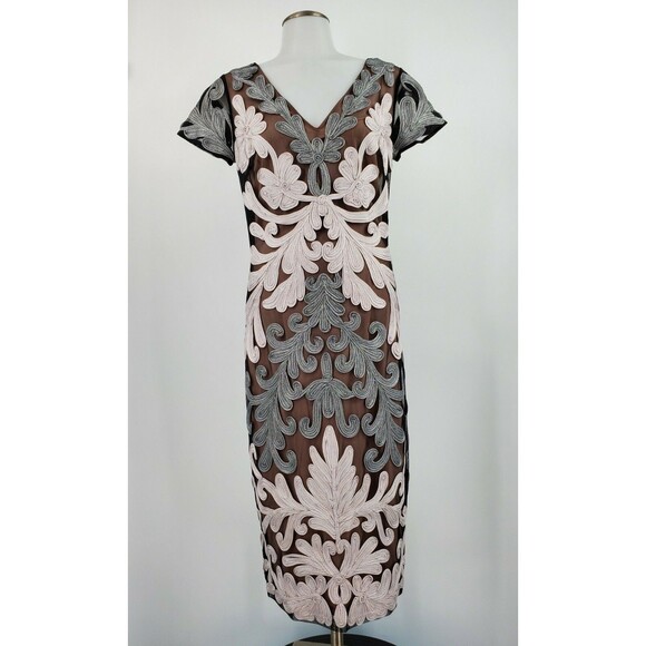 New JS Collections V Neck Soutache Evening Dress Embroidered Gray Black Size 2 - Picture 3 of 7